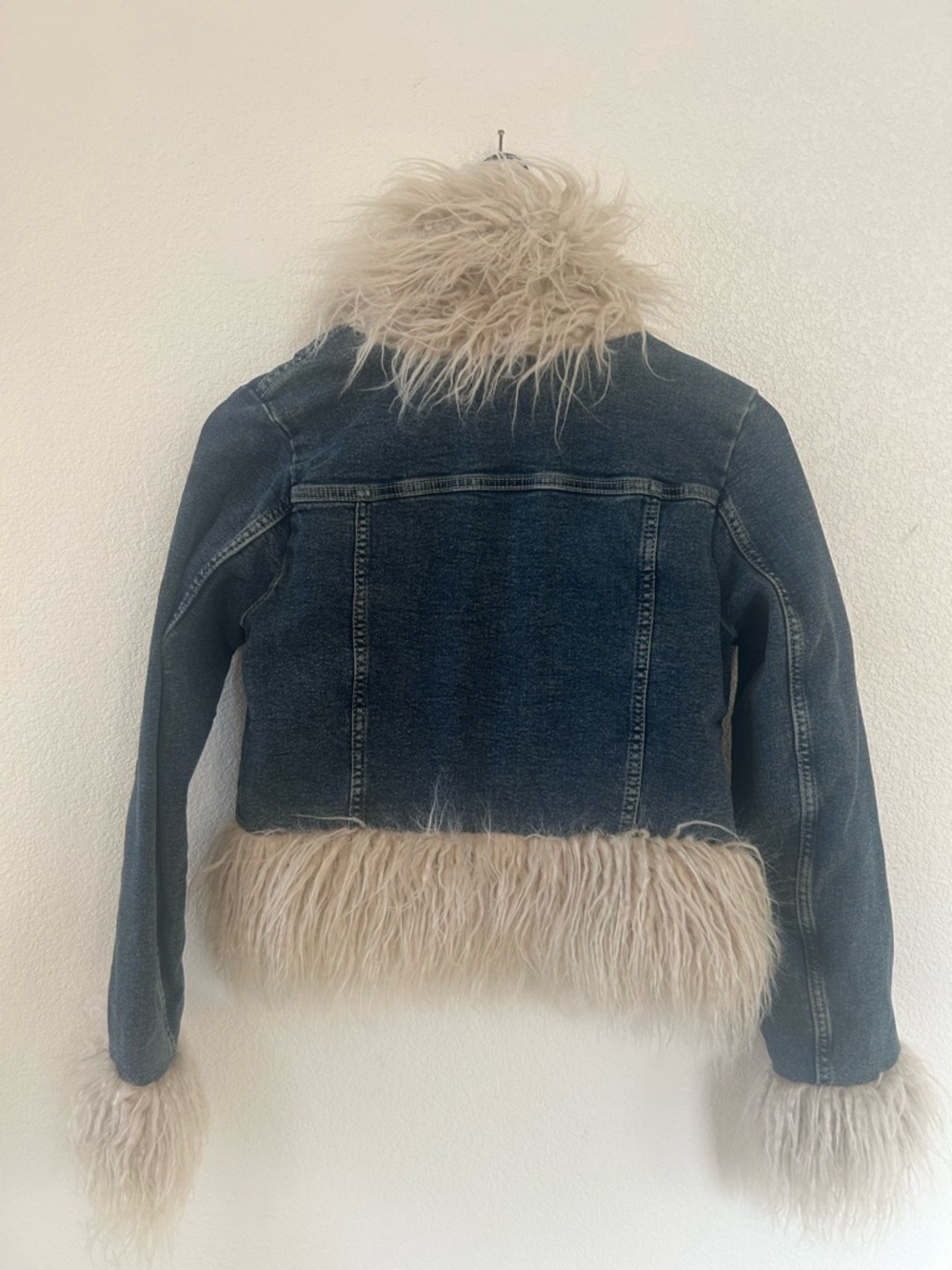 H&M Dark Blue Denim Jacket with Cream Faux Fur Trim - Picture 2 of 11